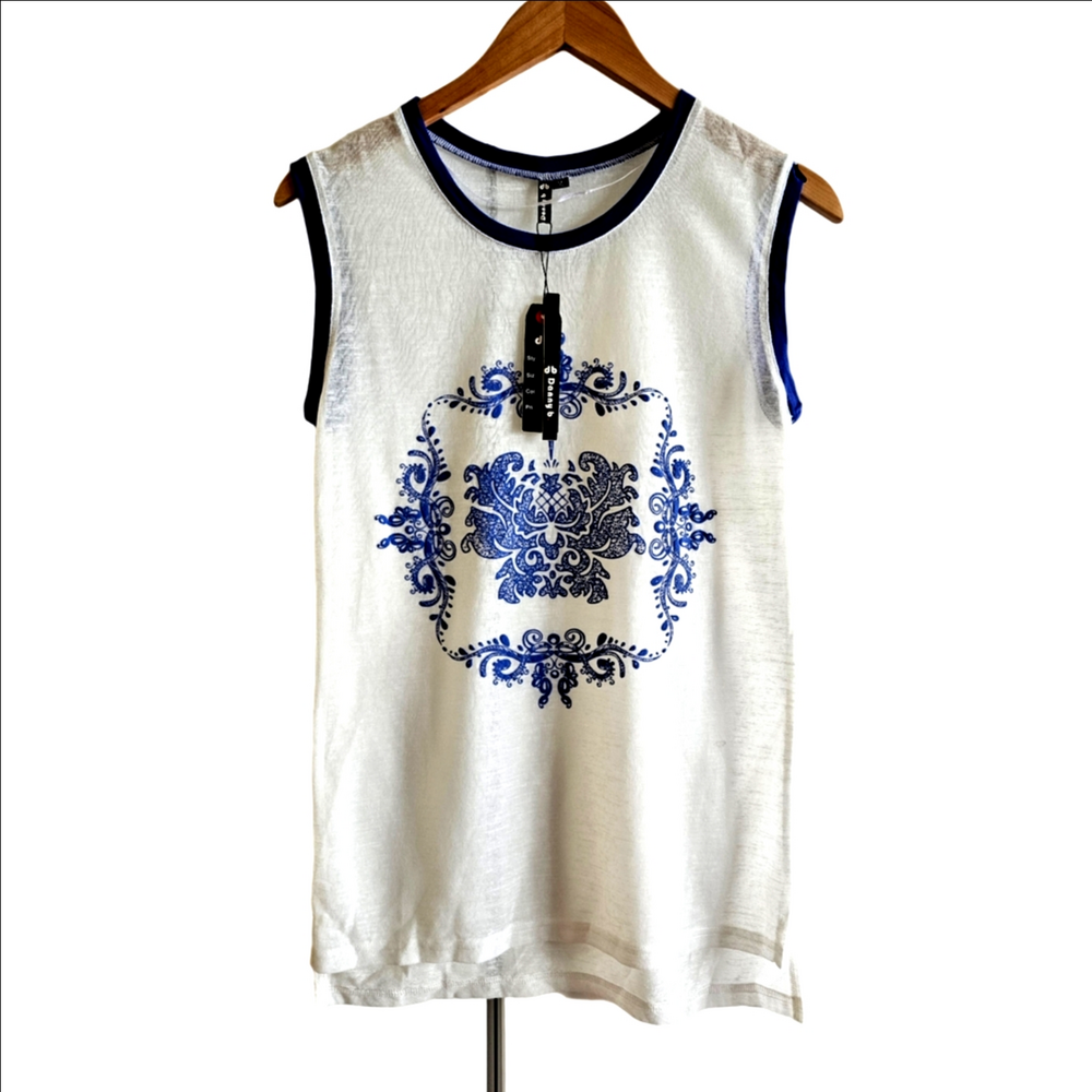 New Danna White Tank Top with Blue Baroque Design